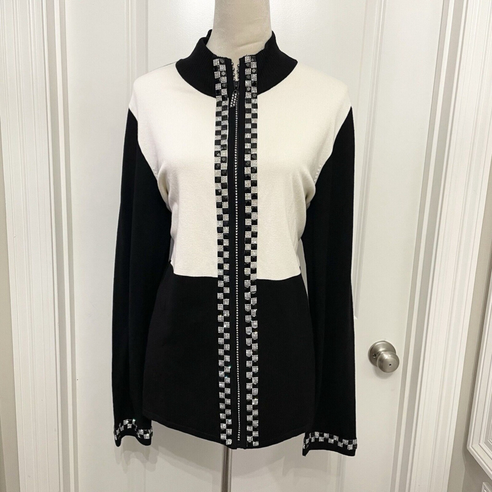 NWT Belldini Mock Neck‎ Black White Zip Up Sweater Jacket Studded Bejeweled XXL